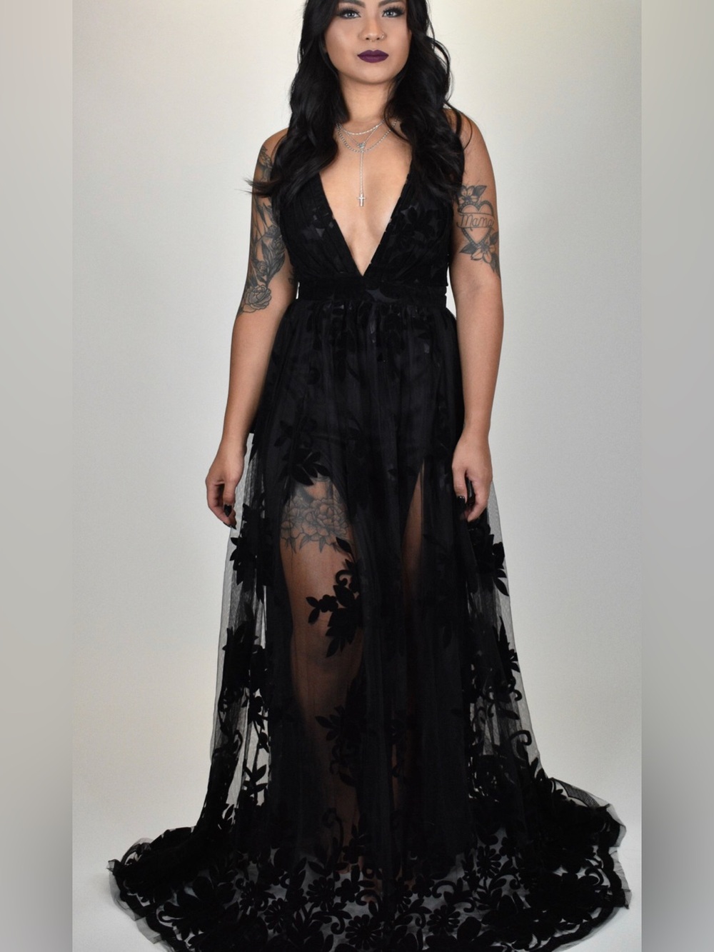 Bête Noire Macabre Gown - Black Sheer Floral Embroidered Plunge Dress - Like New